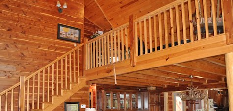 Primitive, cedar staircase in cabin construction